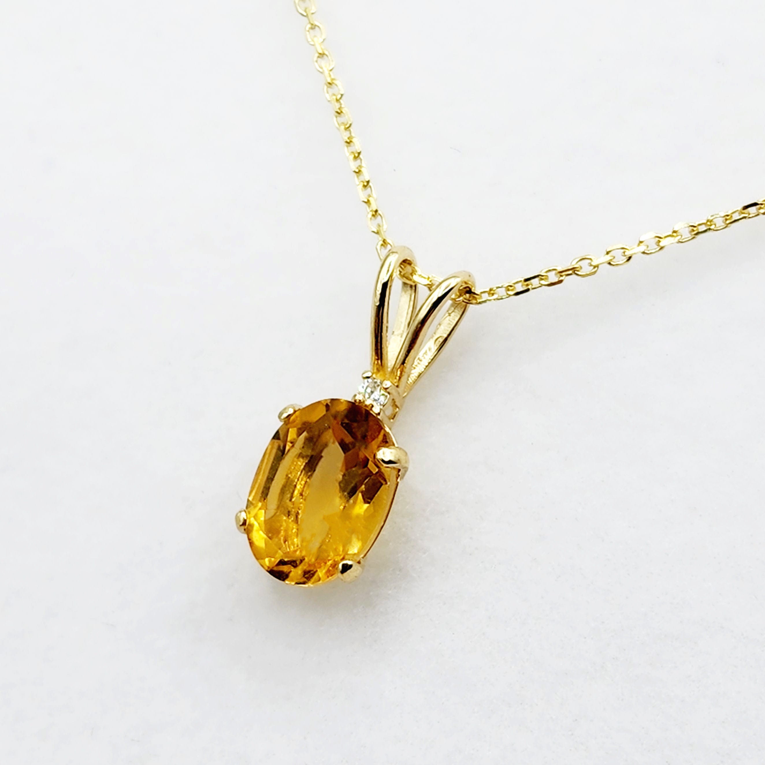 Gold Citrine Pendant Necklace, 10K Yellow Gold Citrine 8x6mm with Diamond Pendant, November Birthstone, Yellow Citrine Jewelry