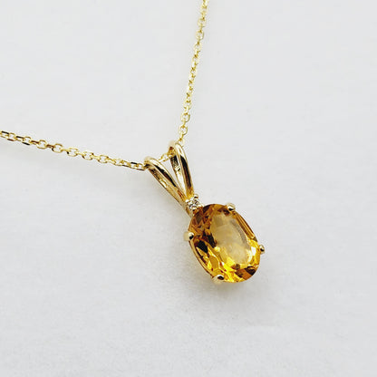 Gold Citrine Pendant Necklace, 10K Yellow Gold Citrine 8x6mm with Diamond Pendant, November Birthstone, Yellow Citrine Jewelry