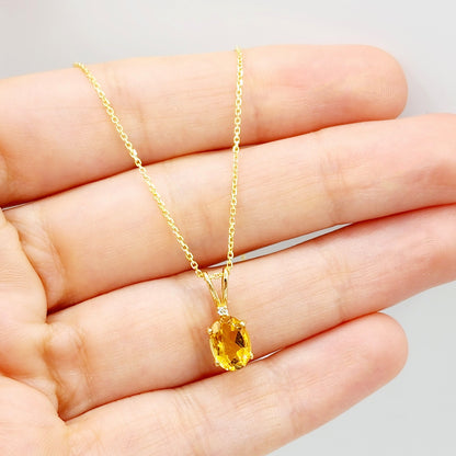 Gold Citrine Pendant Necklace, 10K Yellow Gold Citrine 8x6mm with Diamond Pendant, November Birthstone, Yellow Citrine Jewelry
