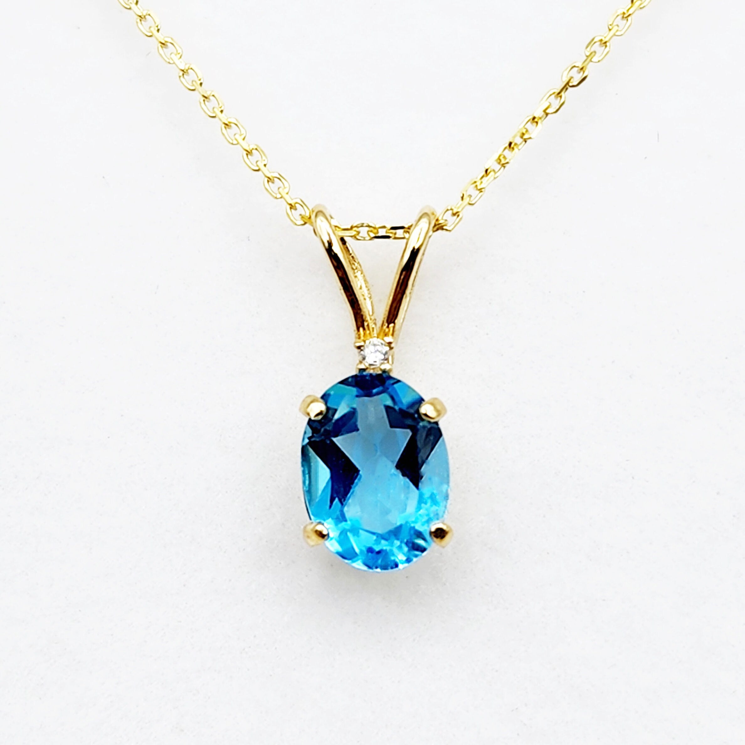 Gold Blue Topaz Pendant Necklace, 10K Yellow Gold Blue Topaz 8x6mm with Diamond Pendant, December Birthstone, Topaz Jewelry, Birthday Gift