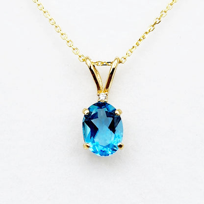 Gold Blue Topaz Pendant Necklace, 10K Yellow Gold Blue Topaz 8x6mm with Diamond Pendant, December Birthstone, Topaz Jewelry, Birthday Gift