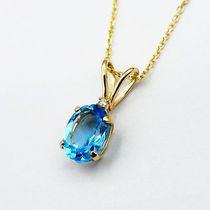 Gold Blue Topaz Pendant Necklace, 10K Yellow Gold Blue Topaz 8x6mm with Diamond Pendant, December Birthstone, Topaz Jewelry, Birthday Gift
