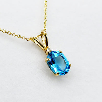 Gold Blue Topaz Pendant Necklace, 10K Yellow Gold Blue Topaz 8x6mm with Diamond Pendant, December Birthstone, Topaz Jewelry, Birthday Gift