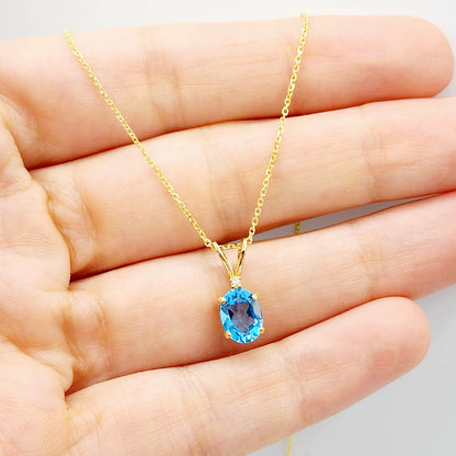 Gold Blue Topaz Pendant Necklace, 10K Yellow Gold Blue Topaz 8x6mm with Diamond Pendant, December Birthstone, Topaz Jewelry, Birthday Gift