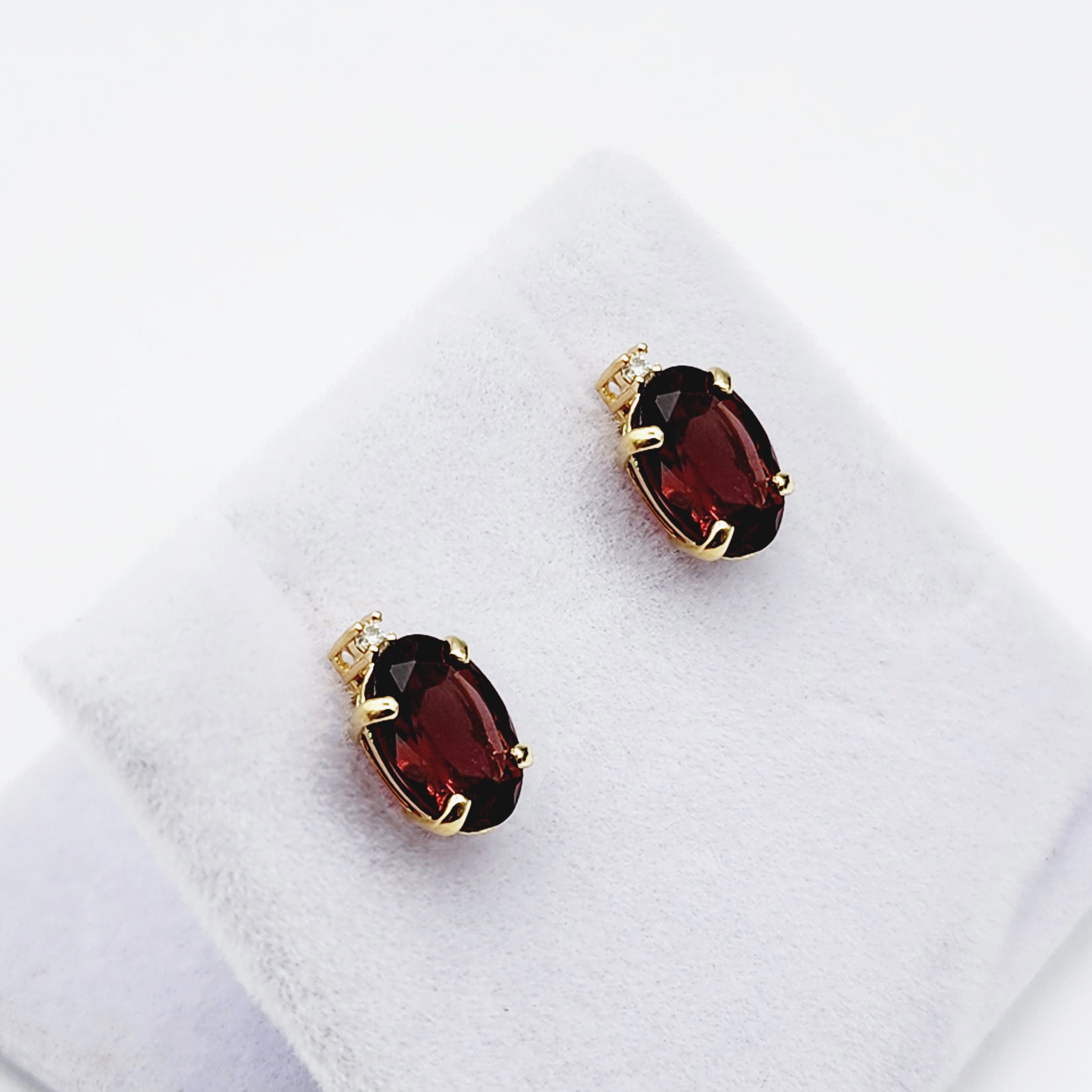 Gold Garnet Stud Earrings, Yellow Gold Genuine Garnet 8x6mm With Diamond Earrings, January Birthstone, Garnet Jewelry,  Earrings For Women