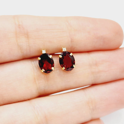 Gold Garnet Stud Earrings, Yellow Gold Genuine Garnet 8x6mm With Diamond Earrings, January Birthstone, Garnet Jewelry,  Earrings For Women