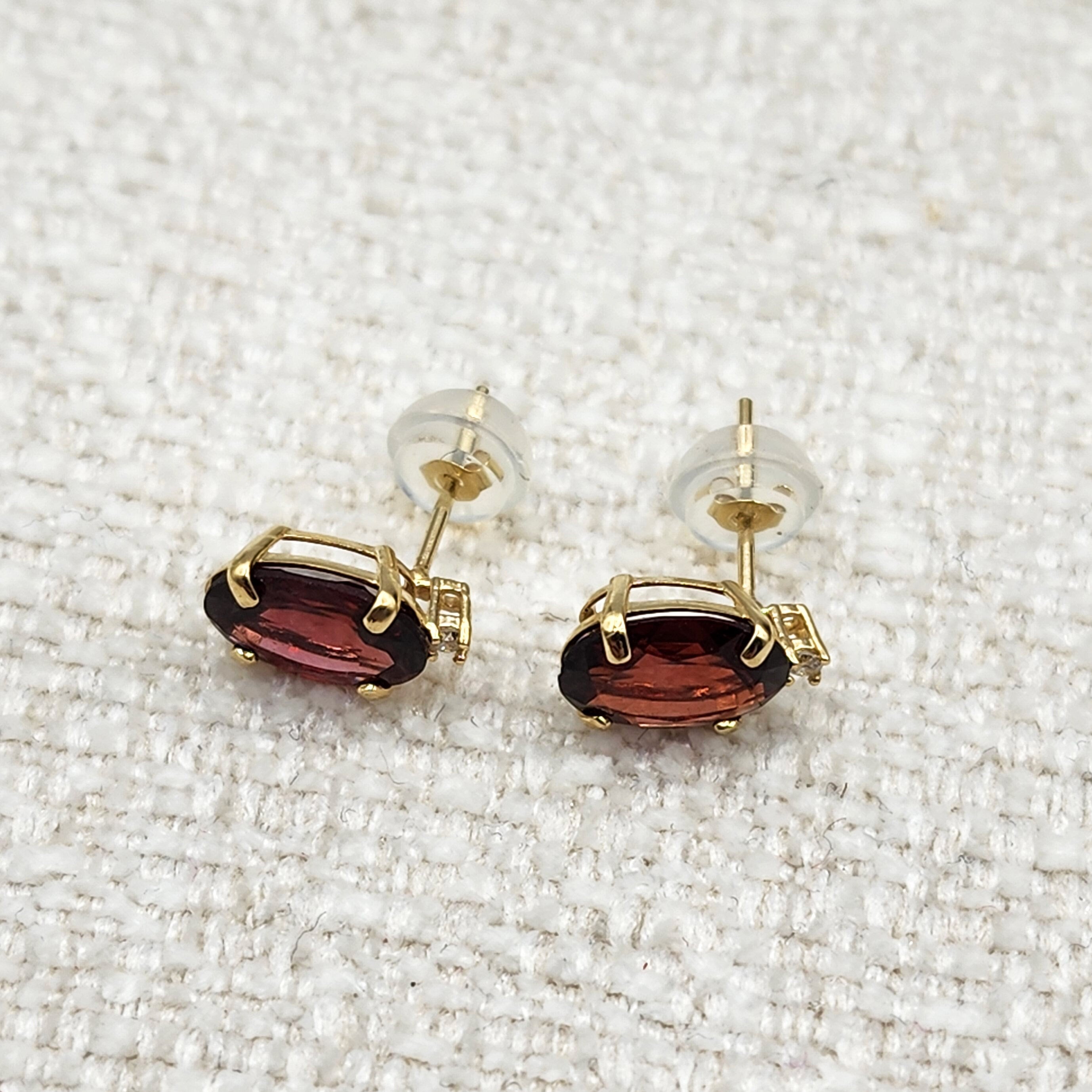 Gold Garnet Stud Earrings, Yellow Gold Genuine Garnet 8x6mm With Diamond Earrings, January Birthstone, Garnet Jewelry,  Earrings For Women