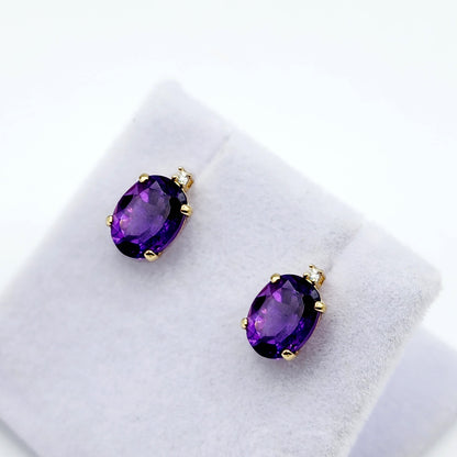 Gold Amethyst Stud Earrings, Yellow Gold Genuine Amethyst 8x6mm with Diamonds Earrings, February Birthstone, Purple Jewelry, Dainty Earrings