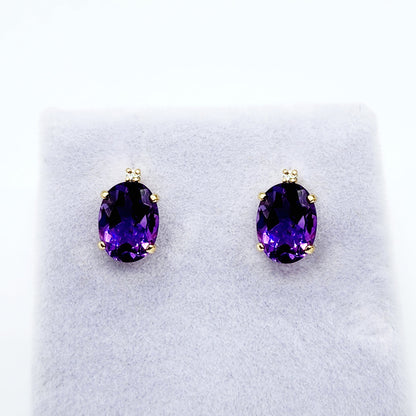 Gold Amethyst Stud Earrings, Yellow Gold Genuine Amethyst 8x6mm with Diamonds Earrings, February Birthstone, Purple Jewelry, Dainty Earrings