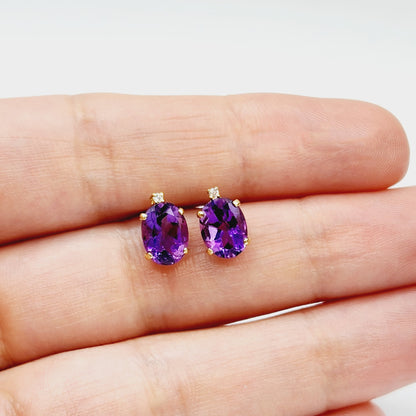 Gold Amethyst Stud Earrings, Yellow Gold Genuine Amethyst 8x6mm with Diamonds Earrings, February Birthstone, Purple Jewelry, Dainty Earrings