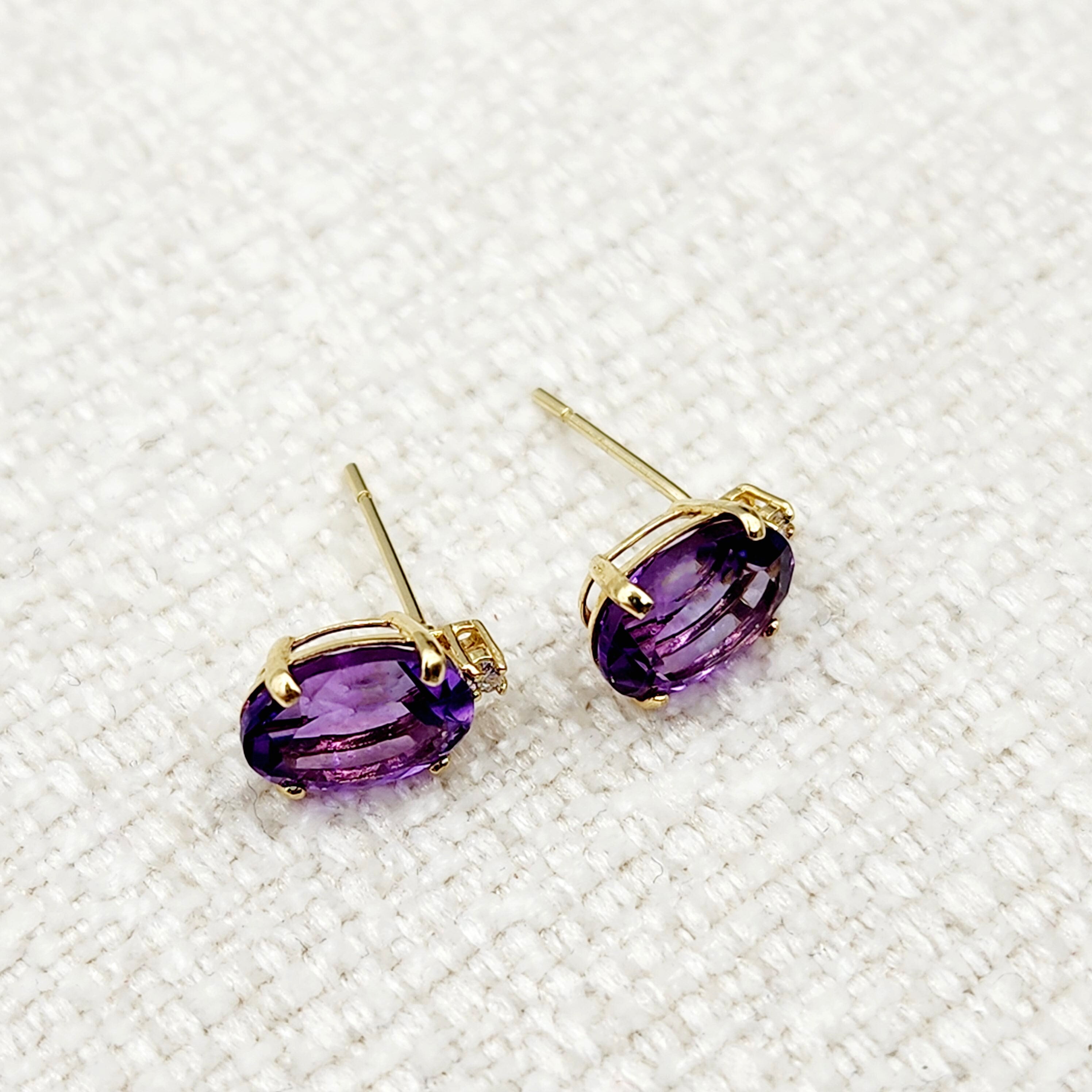 Gold Amethyst Stud Earrings, Yellow Gold Genuine Amethyst 8x6mm with Diamonds Earrings, February Birthstone, Purple Jewelry, Dainty Earrings