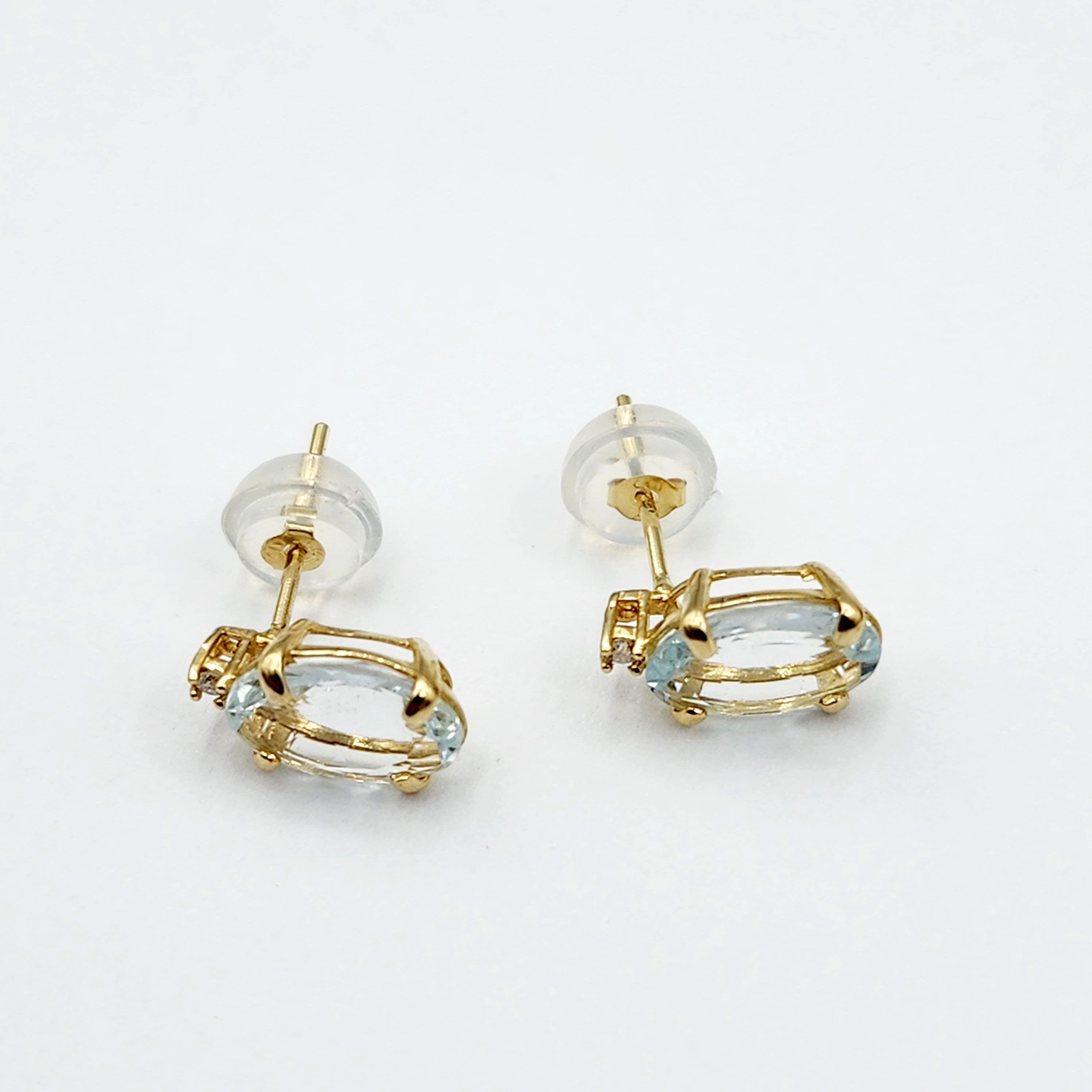 Gold Aquamarine Stud Earrings, Yellow Gold Genuine Aquamarine 8x6mm with Diamonds Earrings, March Birthstone Gemstone Jewelry Women Earrings