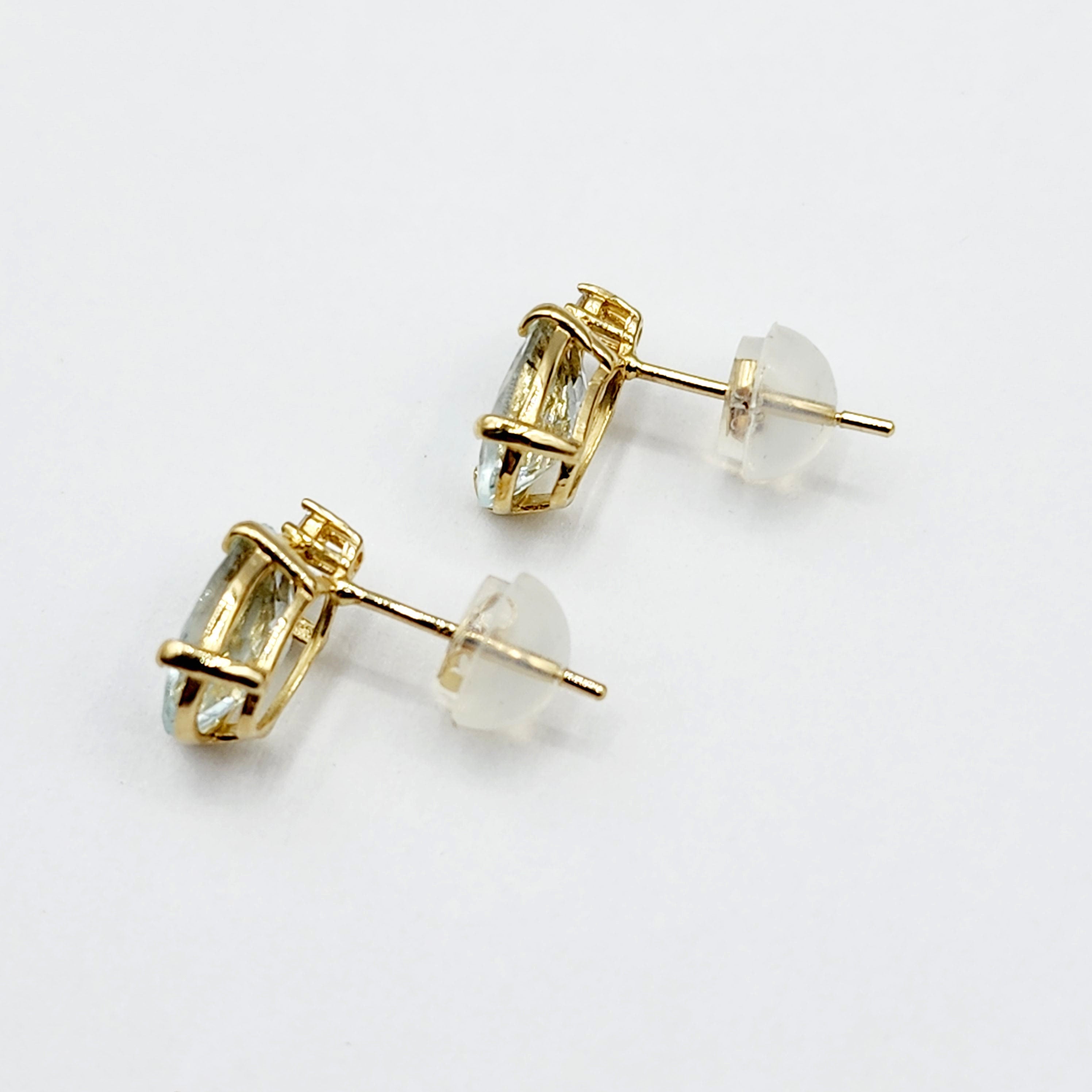 Gold Aquamarine Stud Earrings, Yellow Gold Genuine Aquamarine 8x6mm with Diamonds Earrings, March Birthstone Gemstone Jewelry Women Earrings