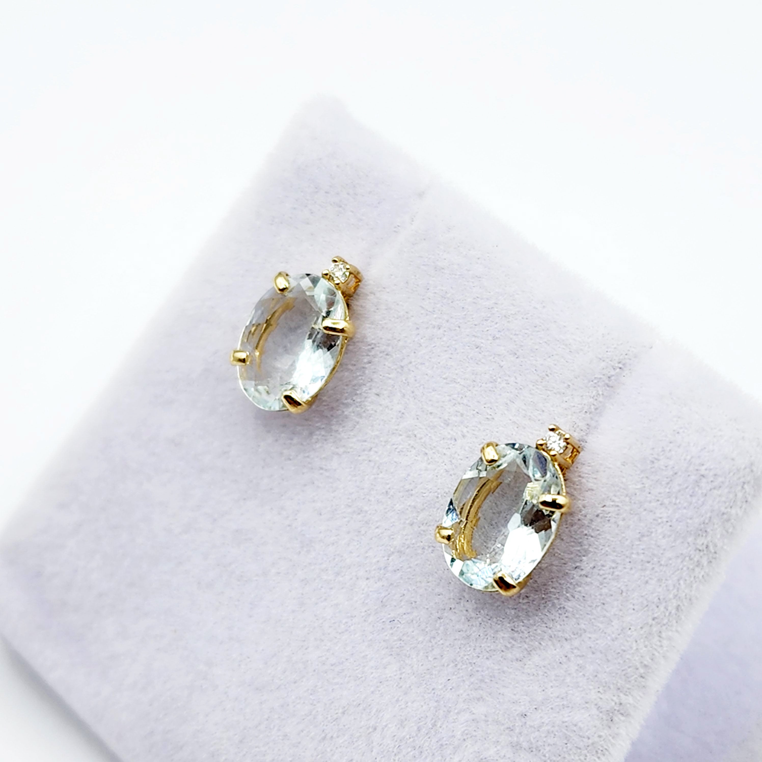 Gold Aquamarine Stud Earrings, Yellow Gold Genuine Aquamarine 8x6mm with Diamonds Earrings, March Birthstone Gemstone Jewelry Women Earrings
