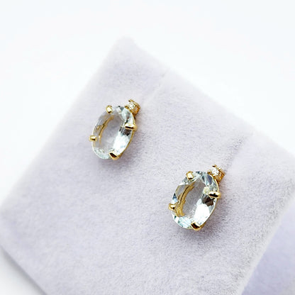 Gold Aquamarine Stud Earrings, Yellow Gold Genuine Aquamarine 8x6mm with Diamonds Earrings, March Birthstone Gemstone Jewelry Women Earrings