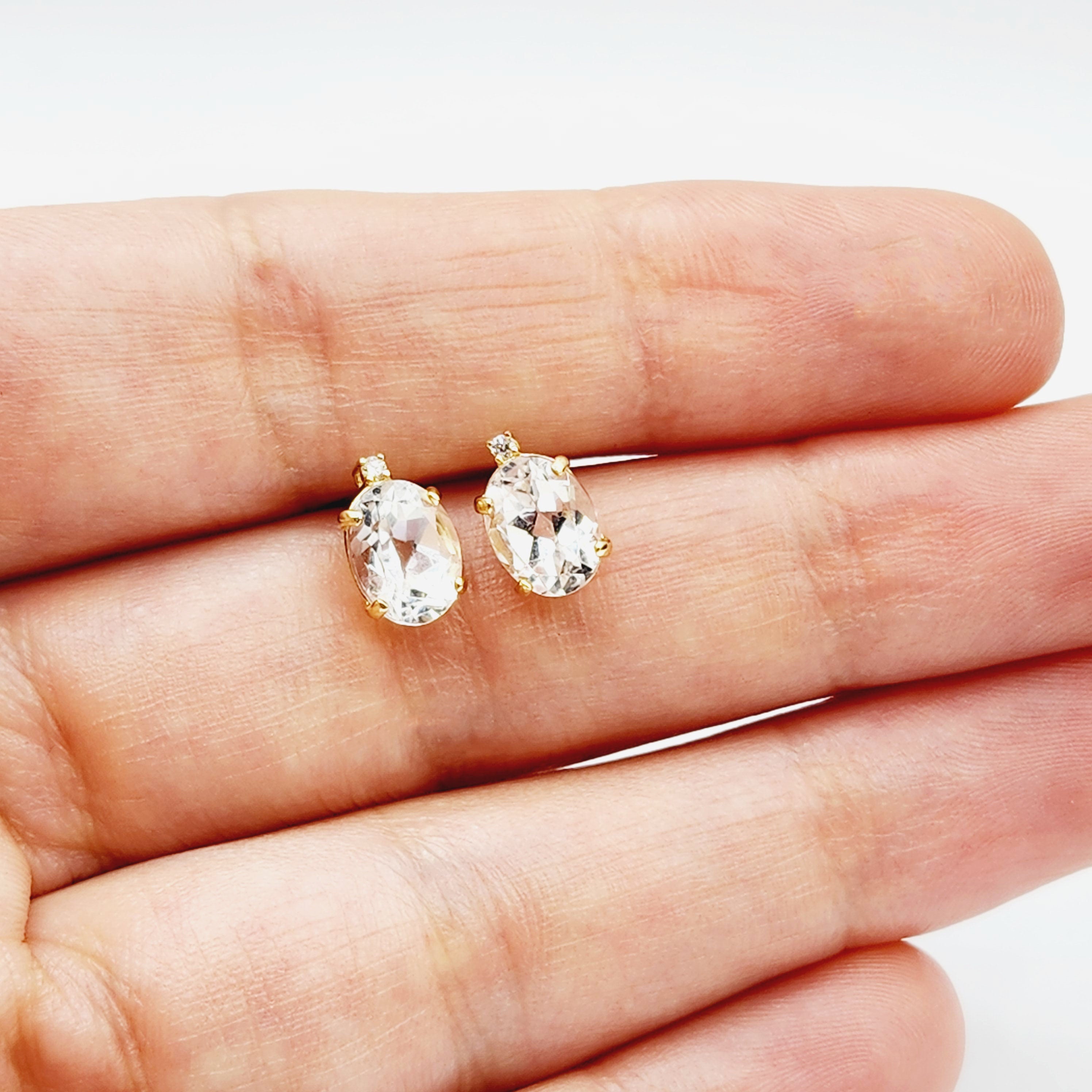 Gold Aquamarine Stud Earrings, Yellow Gold Genuine Aquamarine 8x6mm with Diamonds Earrings, March Birthstone Gemstone Jewelry Women Earrings