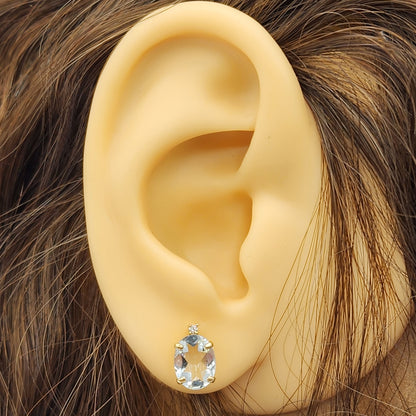 Gold Aquamarine Stud Earrings, Yellow Gold Genuine Aquamarine 8x6mm with Diamonds Earrings, March Birthstone Gemstone Jewelry Women Earrings