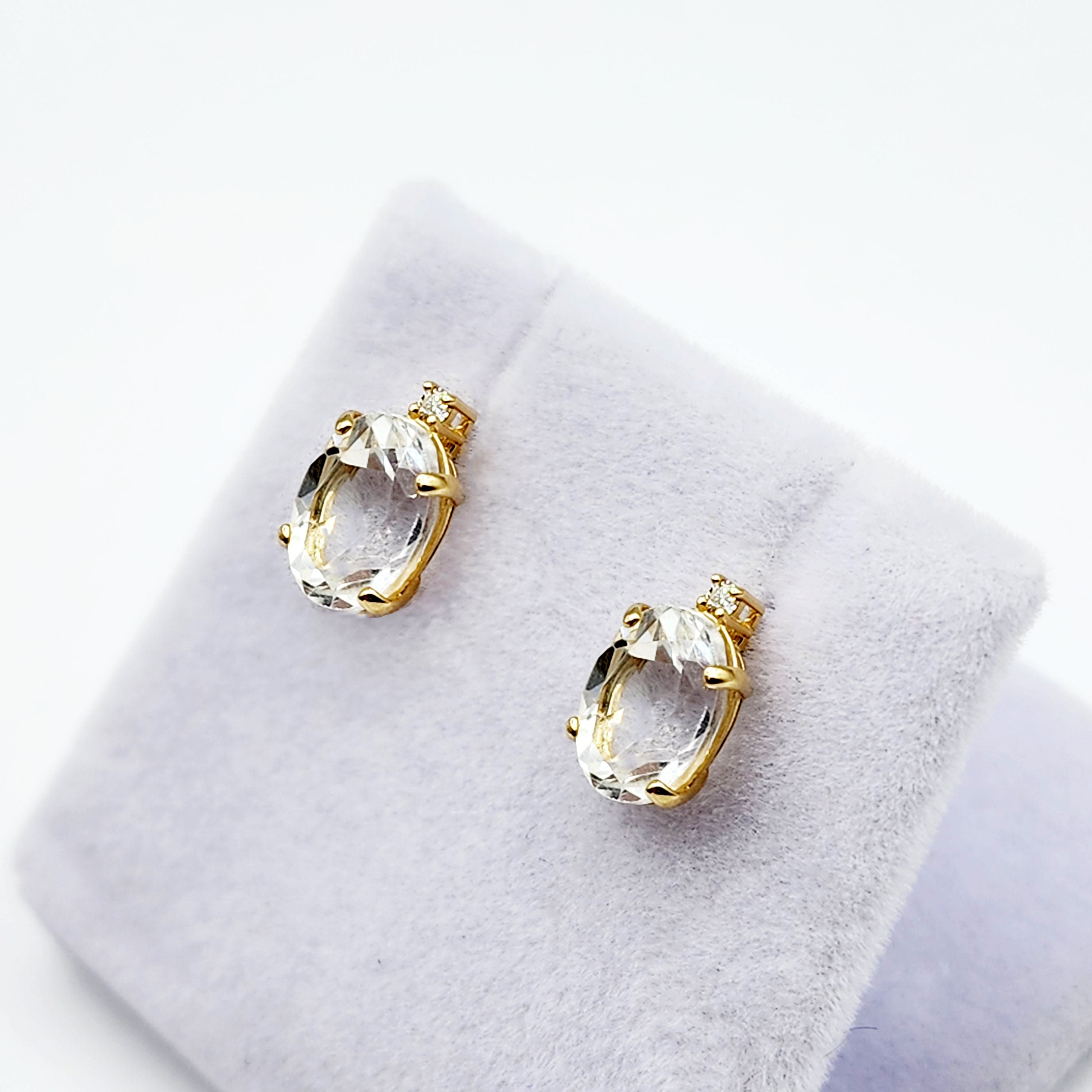 Gold White Topaz Earrings, Handcrafted 10K Yellow Gold Genuine White Topaz 8x6mm with Diamonds Stud Earrings, Gemstone Women's jewelry