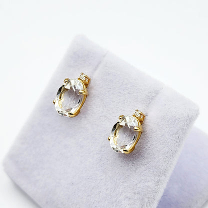 Gold White Topaz Earrings, Handcrafted 10K Yellow Gold Genuine White Topaz 8x6mm with Diamonds Stud Earrings, Gemstone Women's jewelry