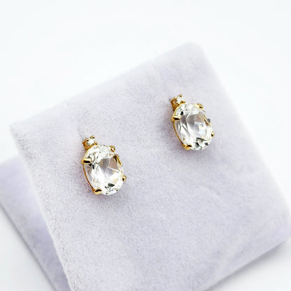 Gold White Topaz Earrings, Handcrafted 10K Yellow Gold Genuine White Topaz 8x6mm with Diamonds Stud Earrings, Gemstone Women's jewelry
