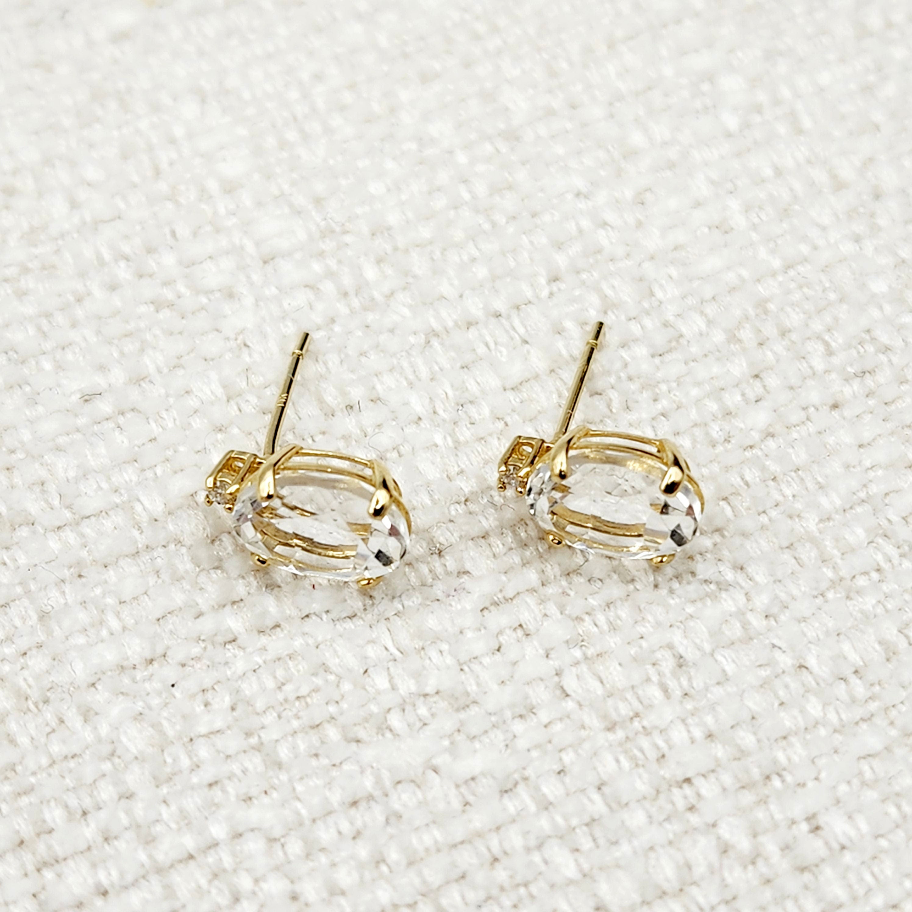 Gold White Topaz Earrings, Handcrafted 10K Yellow Gold Genuine White Topaz 8x6mm with Diamonds Stud Earrings, Gemstone Women's jewelry