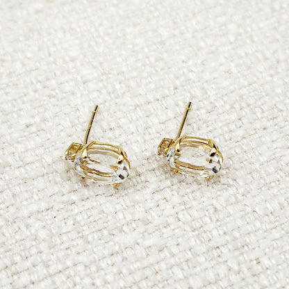 Gold White Topaz Earrings, Handcrafted 10K Yellow Gold Genuine White Topaz 8x6mm with Diamonds Stud Earrings, Gemstone Women's jewelry