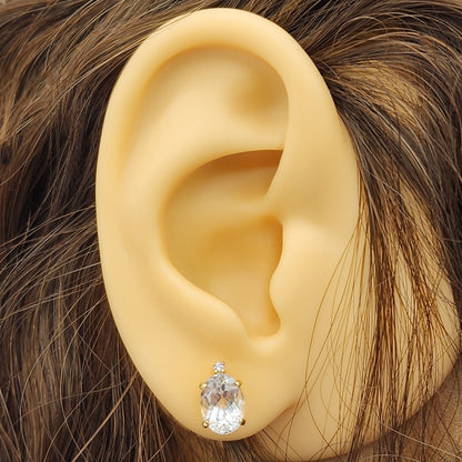 Gold White Topaz Earrings, Handcrafted 10K Yellow Gold Genuine White Topaz 8x6mm with Diamonds Stud Earrings, Gemstone Women's jewelry