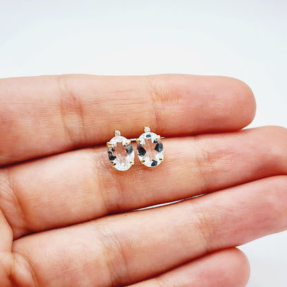 Gold White Topaz Earrings, Handcrafted 10K Yellow Gold Genuine White Topaz 8x6mm with Diamonds Stud Earrings, Gemstone Women's jewelry