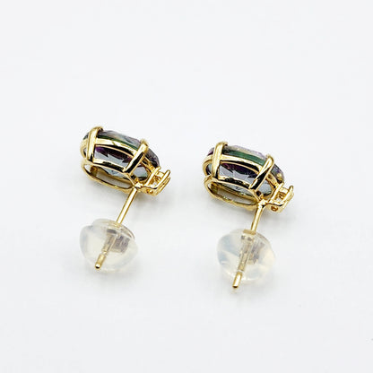 Gold Mystic Topaz Stud Earrings, Yellow Gold Genuine Mystic Topaz 8x6mm With Diamonds Earrings, Gemstone Jewelry,  Earrings For Women