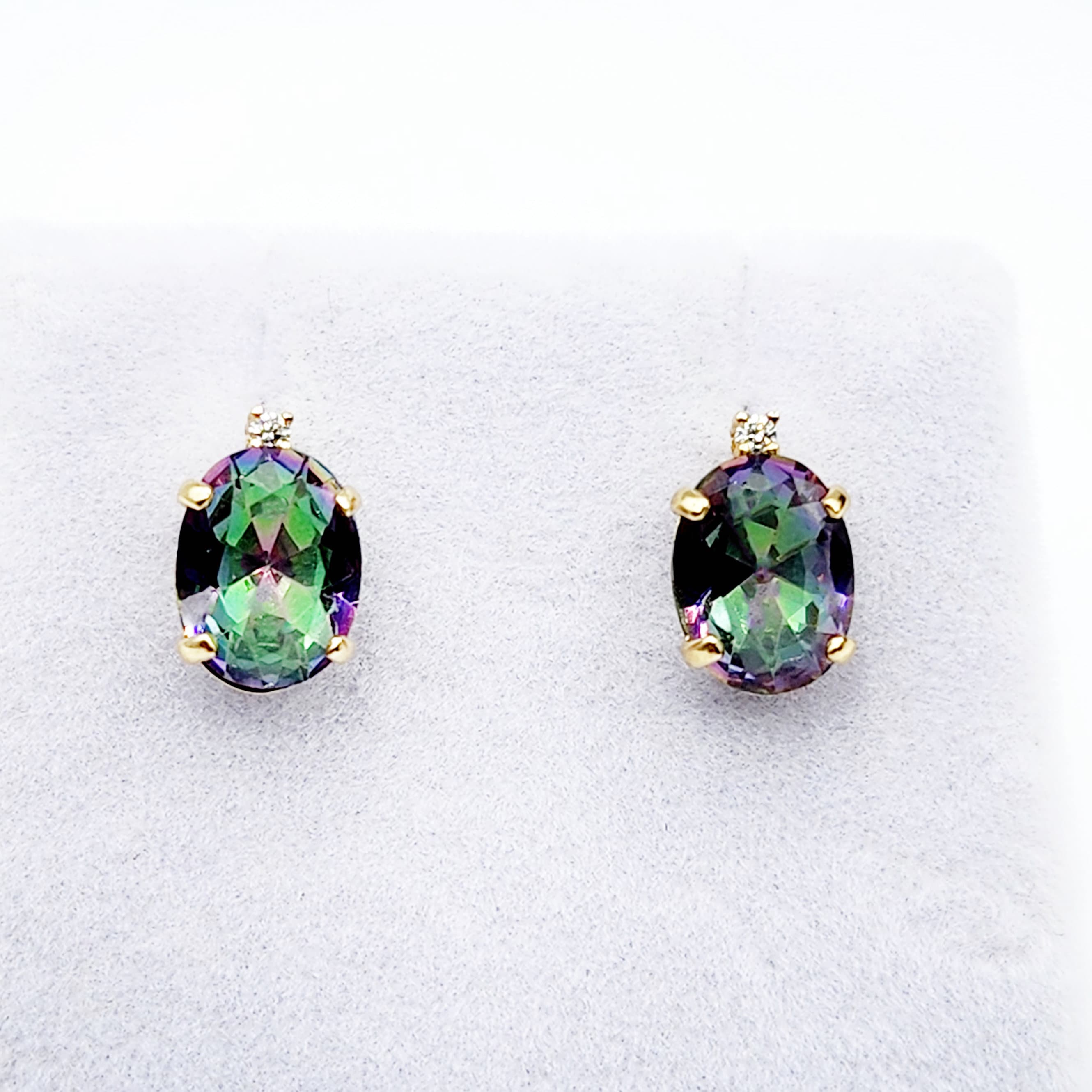 Gold Mystic Topaz Stud Earrings, Yellow Gold Genuine Mystic Topaz 8x6mm With Diamonds Earrings, Gemstone Jewelry,  Earrings For Women