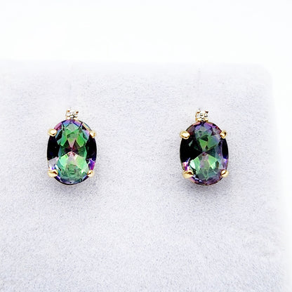Gold Mystic Topaz Stud Earrings, Yellow Gold Genuine Mystic Topaz 8x6mm With Diamonds Earrings, Gemstone Jewelry,  Earrings For Women