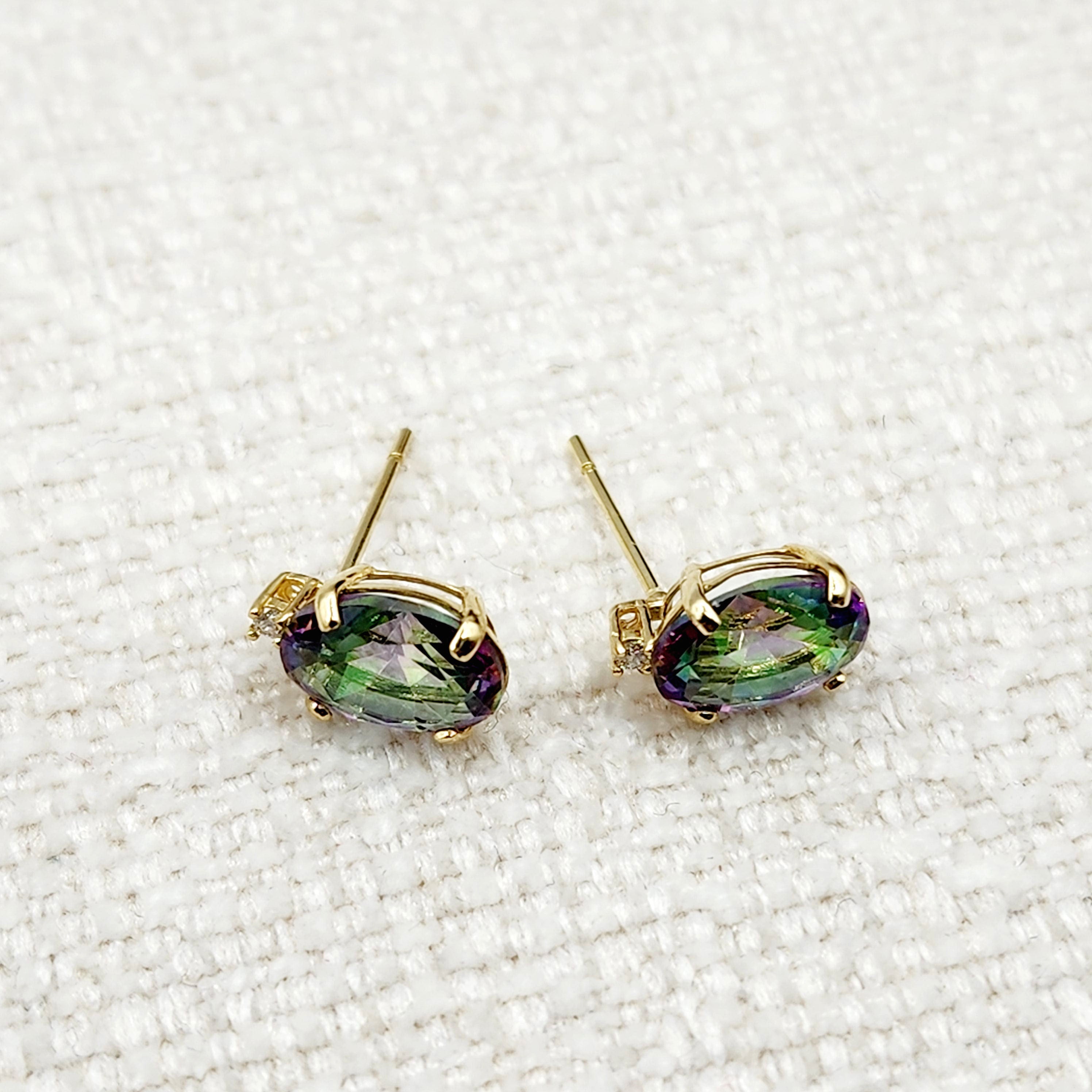 Gold Mystic Topaz Stud Earrings, Yellow Gold Genuine Mystic Topaz 8x6mm With Diamonds Earrings, Gemstone Jewelry,  Earrings For Women