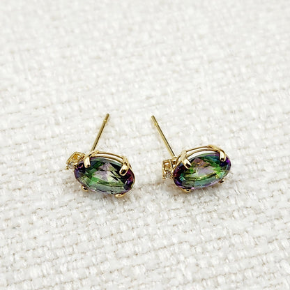 Gold Mystic Topaz Stud Earrings, Yellow Gold Genuine Mystic Topaz 8x6mm With Diamonds Earrings, Gemstone Jewelry,  Earrings For Women