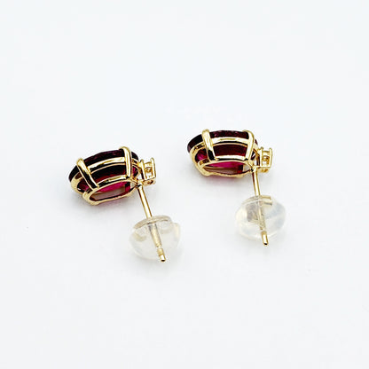 Gold Ruby Stud Earrings , Yellow Gold Oval Ruby 8x6mm with Diamonds Stud Earrings, July Birthstone, Big Gemstone Earrings For Women