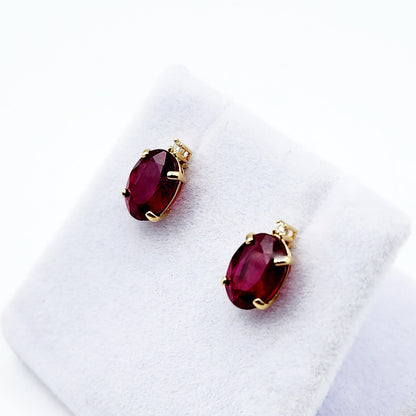 Gold Ruby Stud Earrings , Yellow Gold Oval Ruby 8x6mm with Diamonds Stud Earrings, July Birthstone, Big Gemstone Earrings For Women
