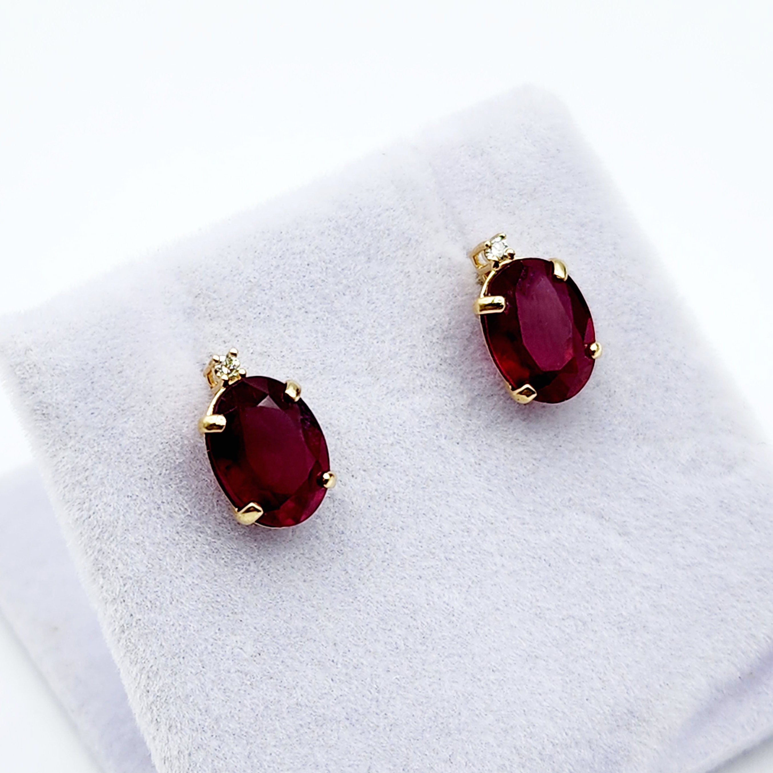 Gold Ruby Stud Earrings , Yellow Gold Oval Ruby 8x6mm with Diamonds Stud Earrings, July Birthstone, Big Gemstone Earrings For Women