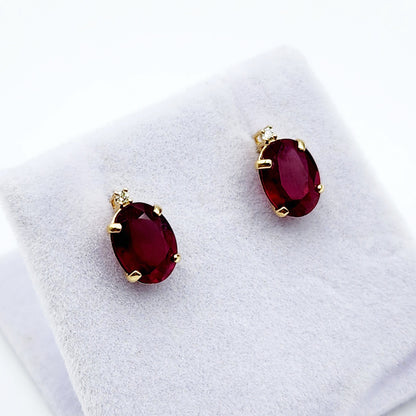 Gold Ruby Stud Earrings , Yellow Gold Oval Ruby 8x6mm with Diamonds Stud Earrings, July Birthstone, Big Gemstone Earrings For Women
