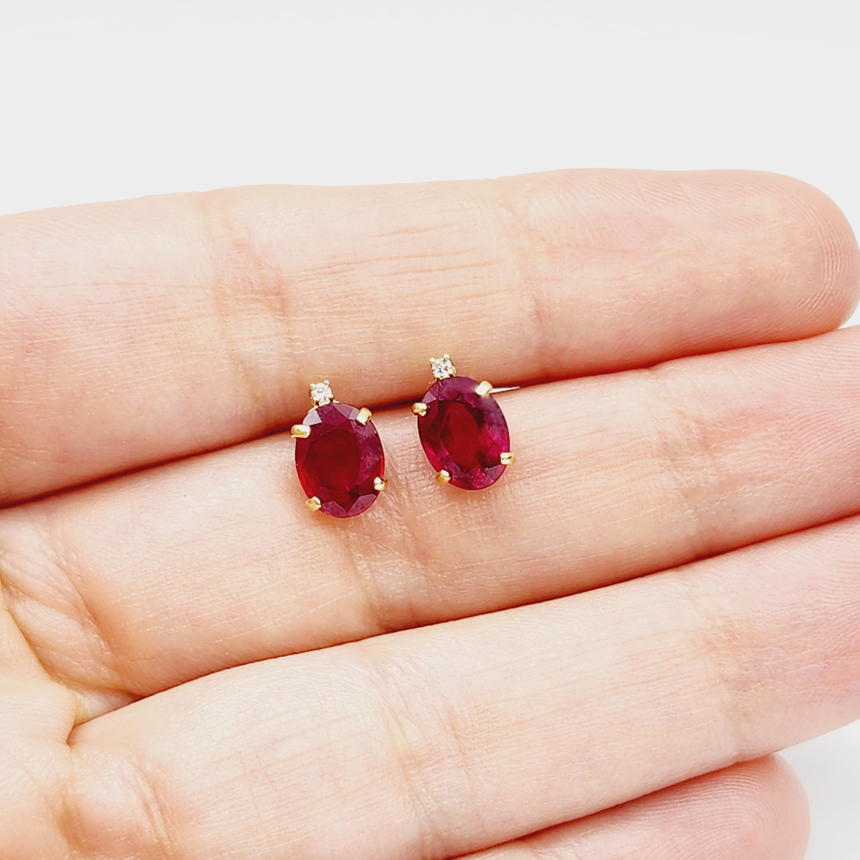 Gold Ruby Stud Earrings , Yellow Gold Oval Ruby 8x6mm with Diamonds Stud Earrings, July Birthstone, Big Gemstone Earrings For Women