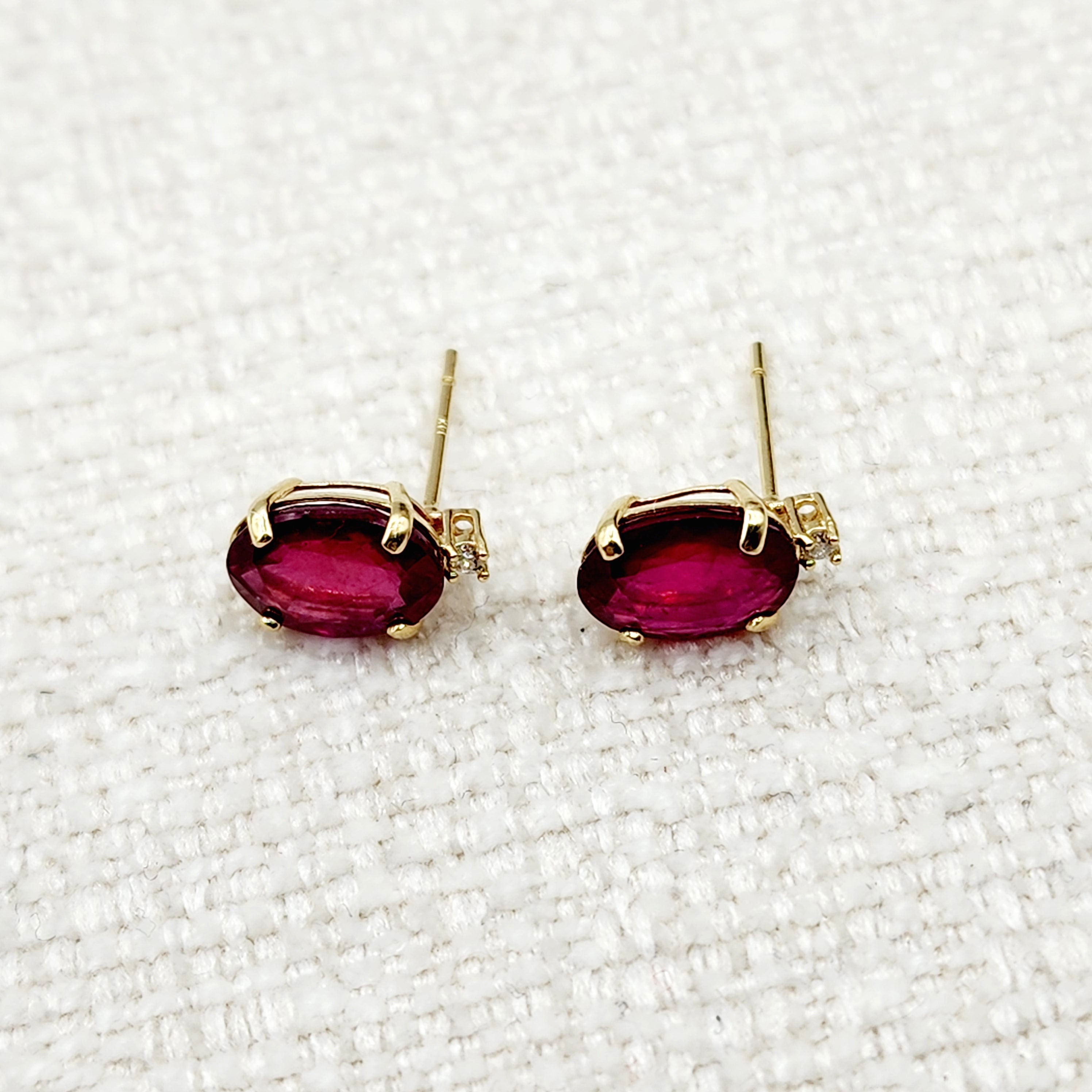 Gold Ruby Stud Earrings , Yellow Gold Oval Ruby 8x6mm with Diamonds Stud Earrings, July Birthstone, Big Gemstone Earrings For Women