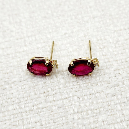 Gold Ruby Stud Earrings , Yellow Gold Oval Ruby 8x6mm with Diamonds Stud Earrings, July Birthstone, Big Gemstone Earrings For Women