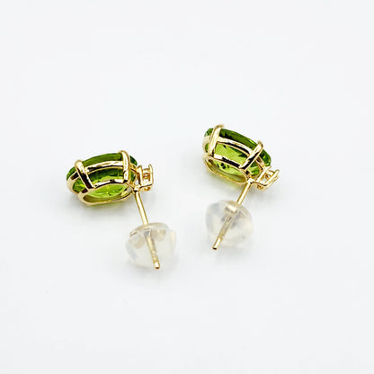 Gold Peridot Stud Earrings, Yellow Gold Genuine Peridot 8x6mm with Diamonds Earrings, Gemstone Jewelry for Women, August Birthstone Gift