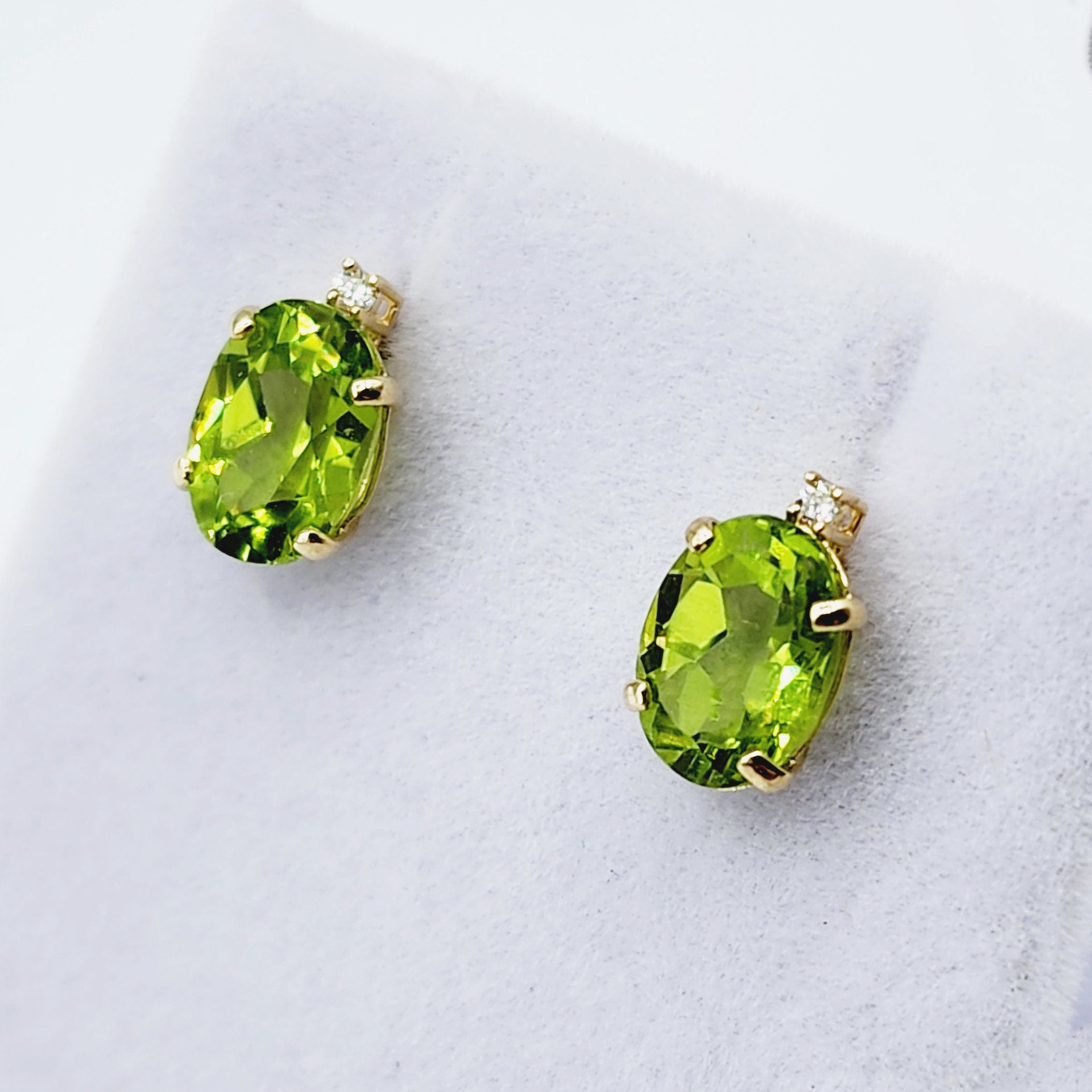 Gold Peridot Stud Earrings, Yellow Gold Genuine Peridot 8x6mm with Diamonds Earrings, Gemstone Jewelry for Women, August Birthstone Gift