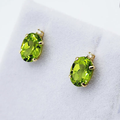 Gold Peridot Stud Earrings, Yellow Gold Genuine Peridot 8x6mm with Diamonds Earrings, Gemstone Jewelry for Women, August Birthstone Gift