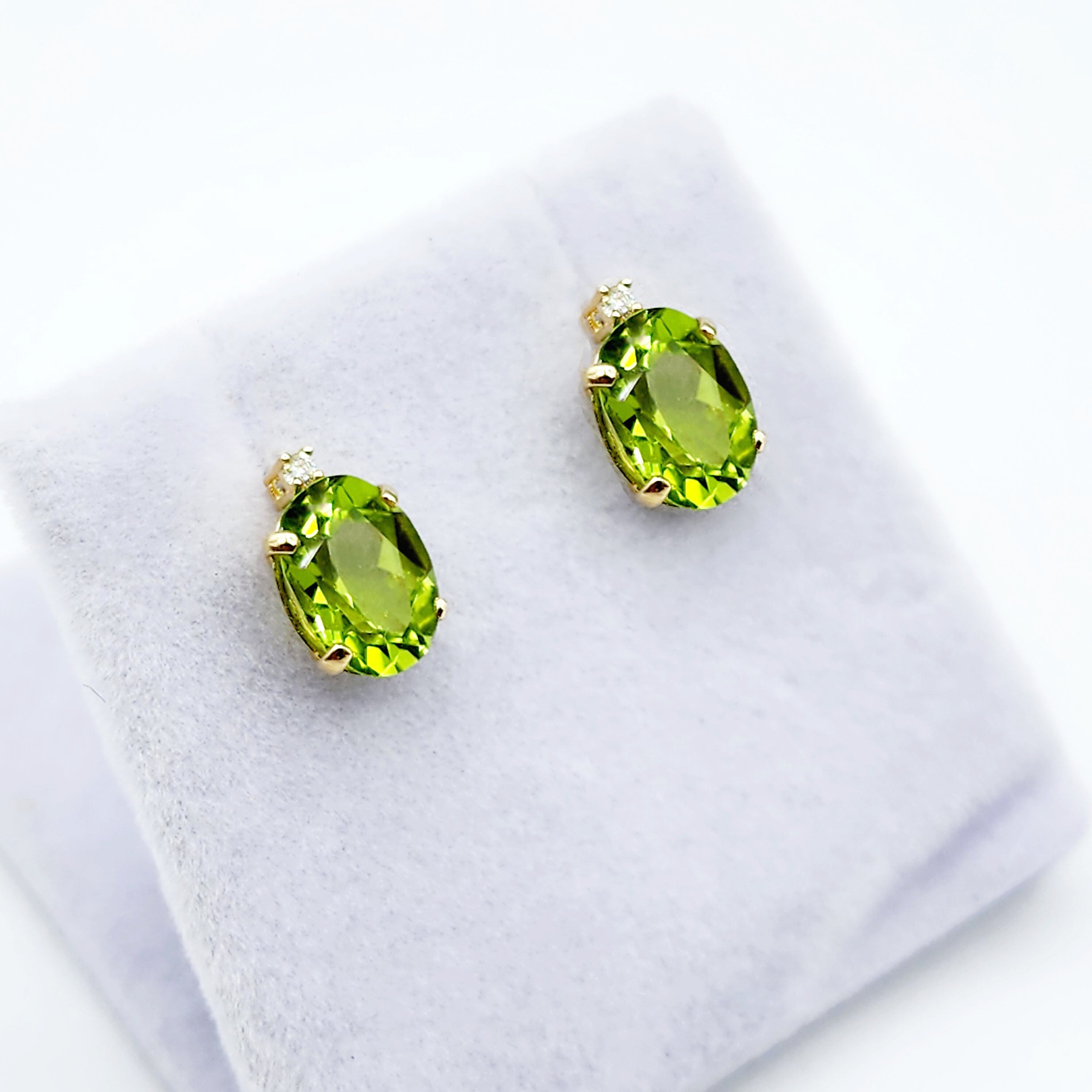 Gold Peridot Stud Earrings, Yellow Gold Genuine Peridot 8x6mm with Diamonds Earrings, Gemstone Jewelry for Women, August Birthstone Gift