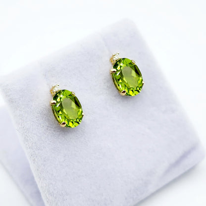 Gold Peridot Stud Earrings, Yellow Gold Genuine Peridot 8x6mm with Diamonds Earrings, Gemstone Jewelry for Women, August Birthstone Gift
