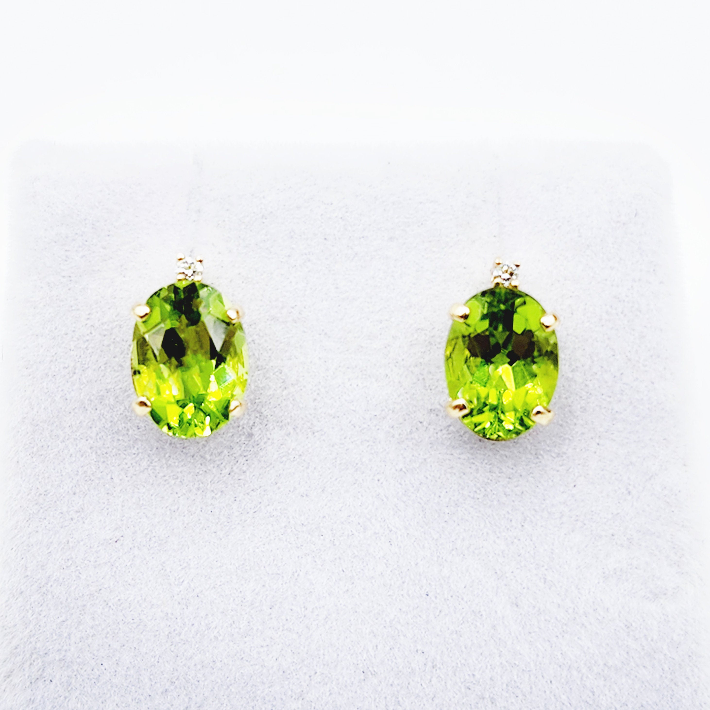 Gold Peridot Stud Earrings, Yellow Gold Genuine Peridot 8x6mm with Diamonds Earrings, Gemstone Jewelry for Women, August Birthstone Gift