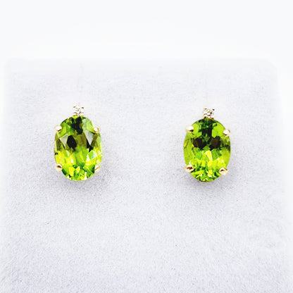Gold Peridot Stud Earrings, Yellow Gold Genuine Peridot 8x6mm with Diamonds Earrings, Gemstone Jewelry for Women, August Birthstone Gift