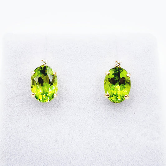 Gold Peridot Stud Earrings, Yellow Gold Genuine Peridot 8x6mm with Diamonds Earrings, Gemstone Jewelry for Women, August Birthstone Gift