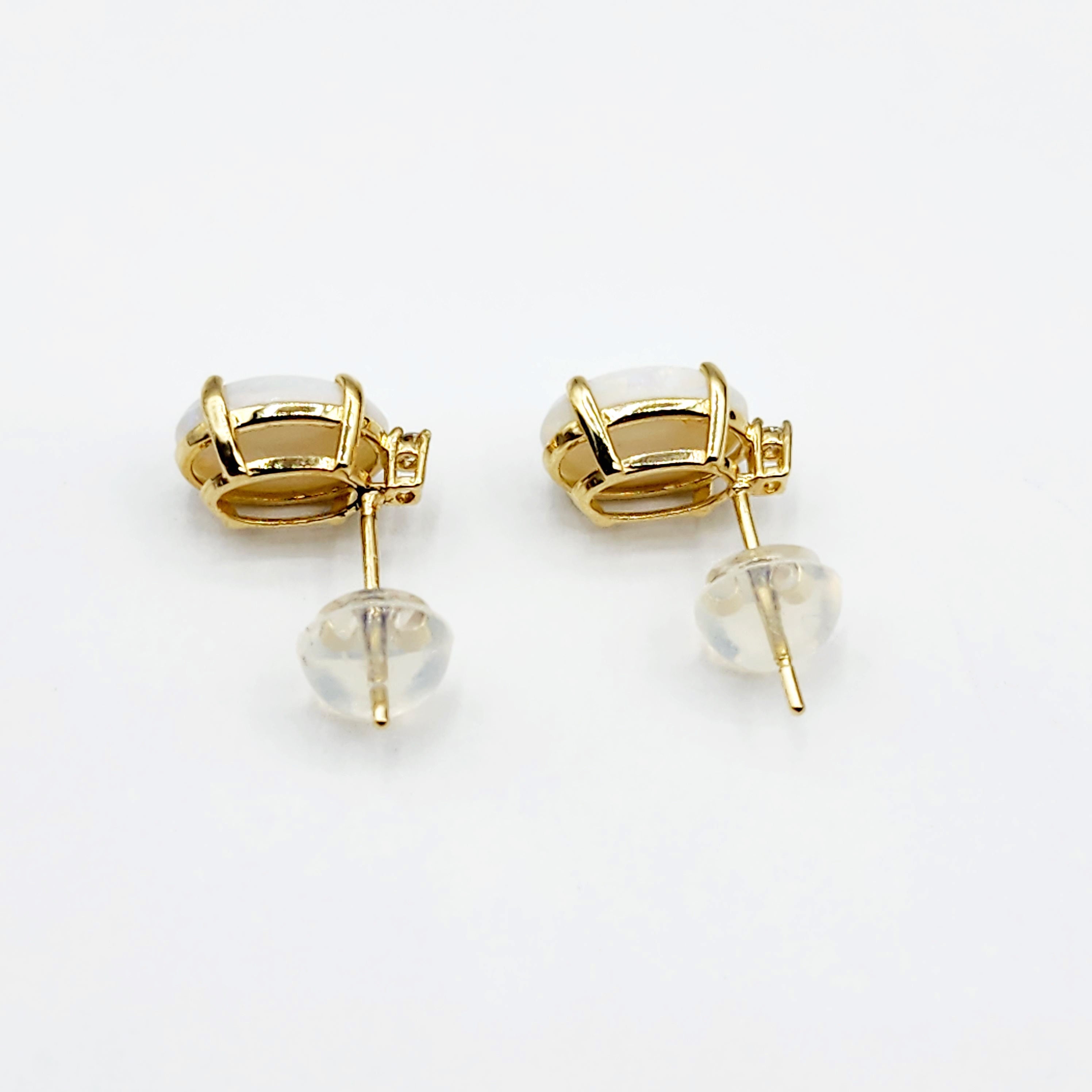 Gold Opal Stud Earrings, Yellow Gold Genuine Fire Opal 8x6mm with Diamonds Earrings, Gemstone Jewelry Earrings For Women, October Birthstone