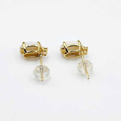 Gold Opal Stud Earrings, Yellow Gold Genuine Fire Opal 8x6mm with Diamonds Earrings, Gemstone Jewelry Earrings For Women, October Birthstone